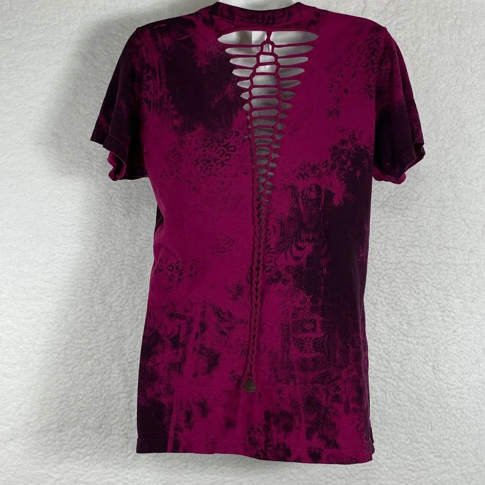 Affliction Diamondhead Lace Up Braided Back Tee Magenta Black Foil NWT Large
